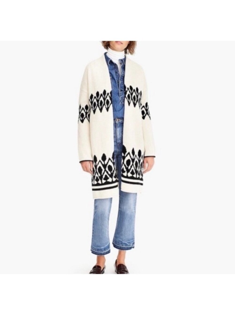 J. Crew Point Sur Lebowski Jacquard Fair Isle Cotton Cream Knit Cardigan